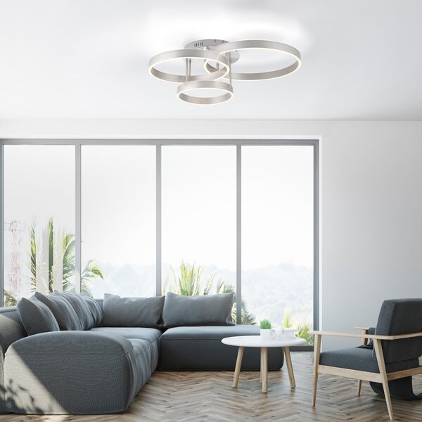 JUST LIGHT. GmbH LED таванна лампа Lilluti, сребриста, желязо, алуминий, 3 пръстена, Затъмняване, Металик, Дневна/трапезария, Метал, Модерен