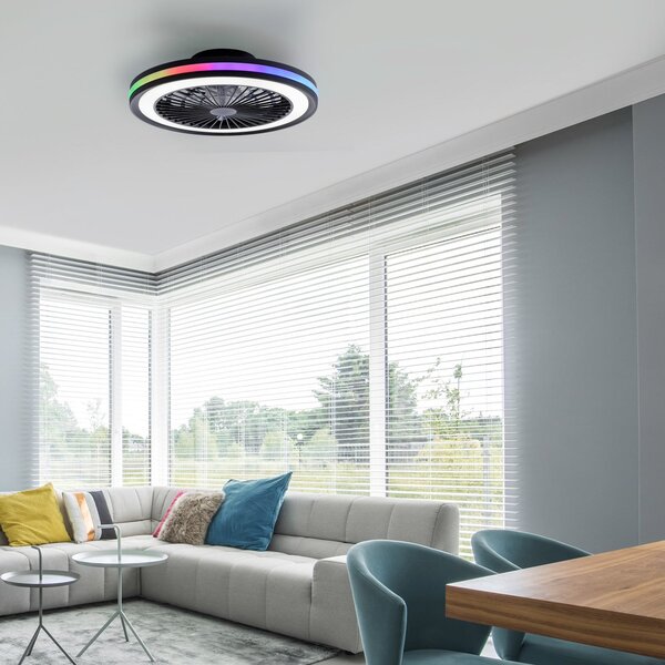 JUST LIGHT. GmbH LED тавански вентилатор „Brandon“, черен, RGBW, CCT, Ø 46,5 см, Затъмняване, Черен, Дневна/трапезария, Пластмаса, Модерен