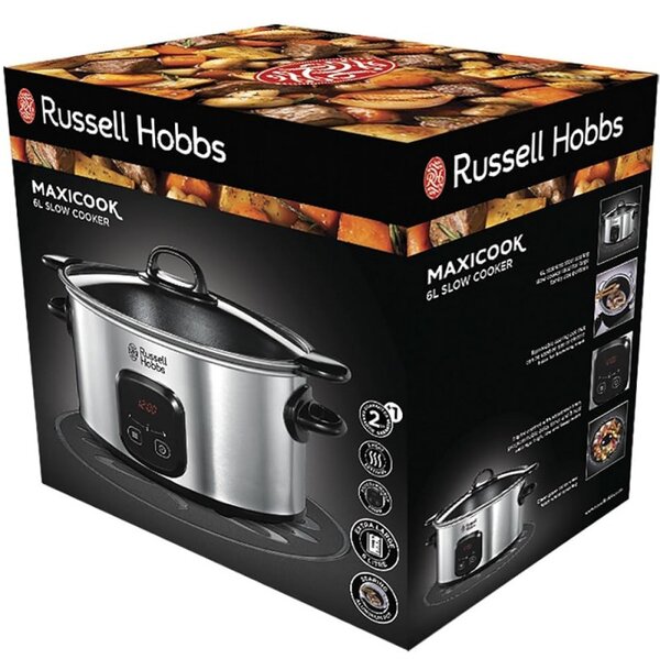 Уред за бавно готвене Russell Hobbs MaxiCook 22750-56, 200 W, 6 l, 3 температурни настройки, Таймер, Подвижна тенджера, Сребрист/черен