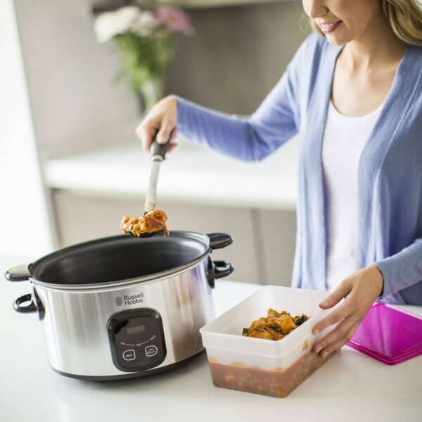 Уред за бавно готвене Russell Hobbs MaxiCook 22750-56, 200 W, 6 l, 3 температурни настройки, Таймер, Подвижна тенджера, Сребрист/черен