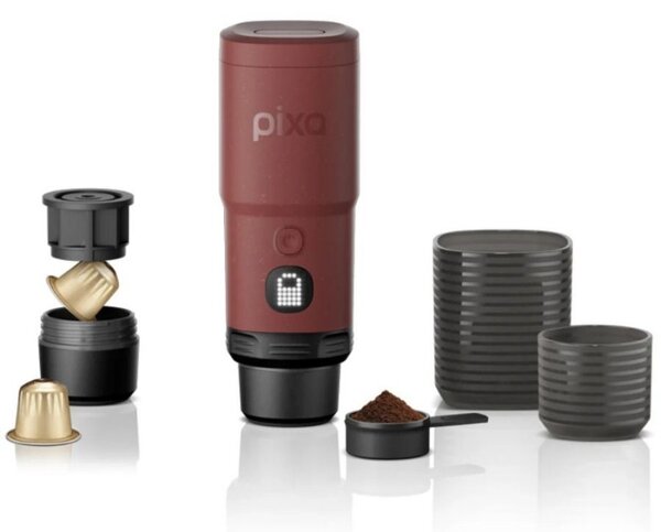 Преносима еспресо машина Wacaco Pixapresso, 20 bar, 9000 mAh, 120 мл, Мляно + капсули, LED тъч контрол, Червен
