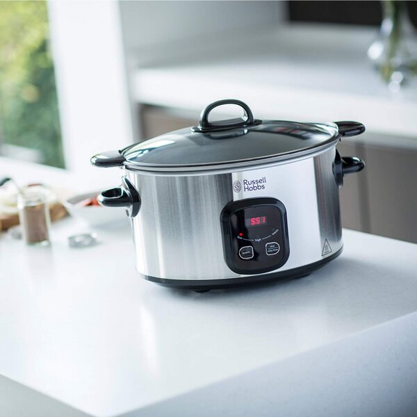 Уред за бавно готвене Russell Hobbs MaxiCook 22750-56, 200 W, 6 l, 3 температурни настройки, Таймер, Подвижна тенджера, Сребрист/черен