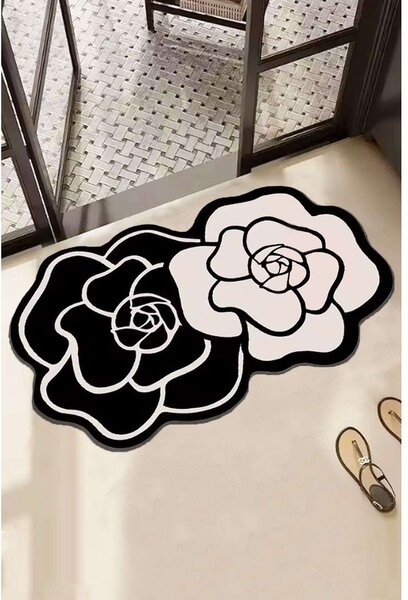 Черно-бял килим за баня 60x100 cm Bungari Rose – Foutastic