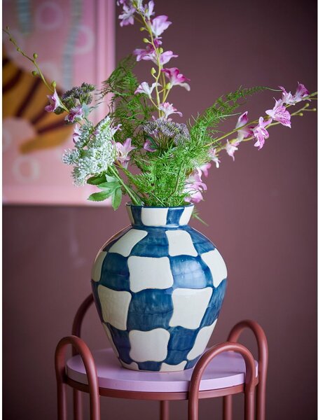 Синя/кремава стъклена ръчно рисувана ваза (височина 24 cm) Check – Bloomingville
