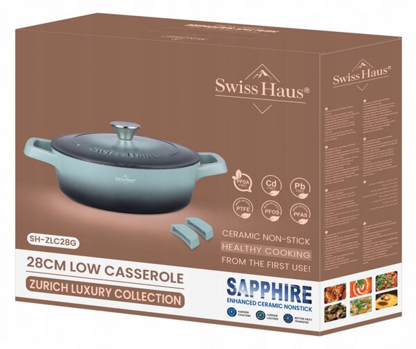 Плитка тенджера Swiss Haus Zurich Luxury Collection SH-ZLC28G, 28 см, 4.2 л, Sapphire-керамично покритие, Фурна до 220°C, Индукция, Мента/графит