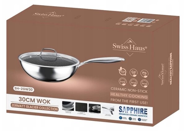 Уок тиган Swiss Haus SteelCRAFT SH-ZGW30, 30 см, 4.8 л, Релефна вътрешност за запичане, Sapphire-керамично покритие, Фурна до 260°C, Индукция, Сребрист