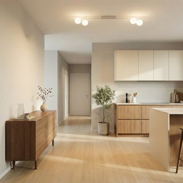 TK Lighting Таванна лампа Imelo, кремава, 4-пламъчна, стъкло, дължина 140 cm, Затъмняване, Бежов, спалня, Стъкло