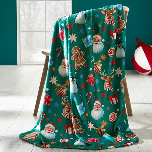 Зелено одеяло с коледен мотив от микроплюш 130x170 cm Christmas Icons – Catherine Lansfield