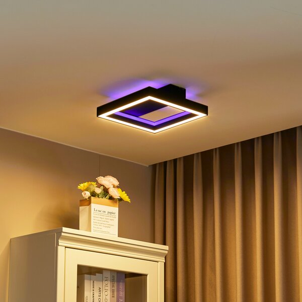Lucande Smart LED осветление за таван Tjado, 30 cm, черно, RGBW, Затъмняване, Черен, Дневна/трапезария, Метал, Модерен