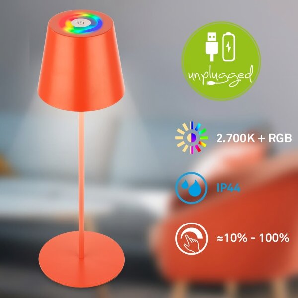 Briloner 7510012-LED RGB димируема настолна лампа CALIDA 2,5W/5V IP44 1200mAh оранжева