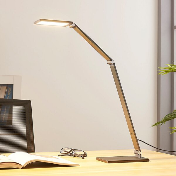 Lucande LED настолна лампа Mion, 41 cm, ъглова, с възможност за димиране, Затъмняване, Сив, кабинет / офис, Метал, Модерен