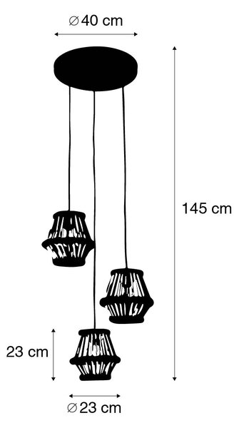 Ориенталска висяща лампа бамбук с черна кръгла 3-светлина - Evalin
