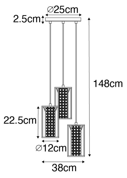 Ретро висяща лампа черна с ратан 3-светлинна кръгла - Акира