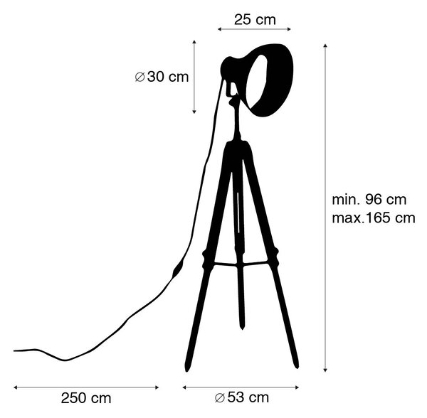 Индустриална подова лампа с триножник черна с дърво - Mangoes