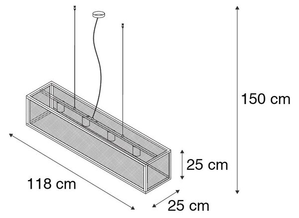 Индустриална висяща лампа черна 118 см 4-светлина - Клетка Мрежа