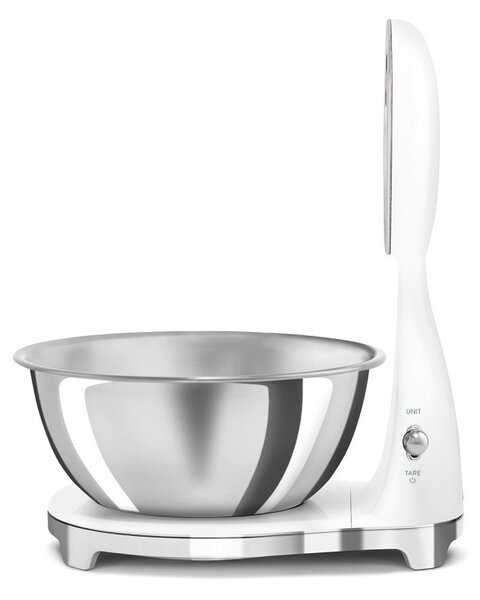 Кухненска везна Smeg KSF01WHWW, Аналогов и дигитален дисплей, До 5 кг/5 л, ТАРА, LED дисплей, Противоплъзгаща се основа, Автономия до 36 часа, Бял мат