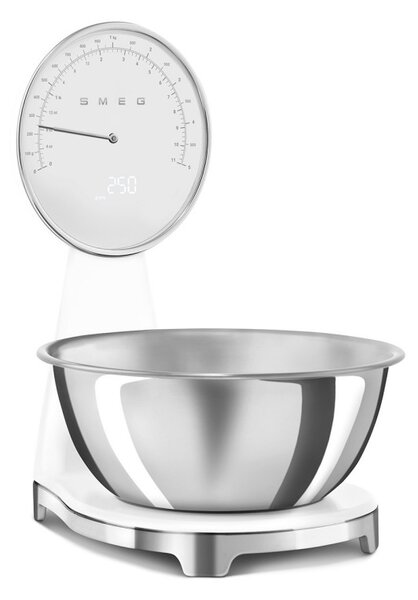 Кухненска везна Smeg KSF01WHWW, Аналогов и дигитален дисплей, До 5 кг/5 л, ТАРА, LED дисплей, Противоплъзгаща се основа, Автономия до 36 часа, Бял мат