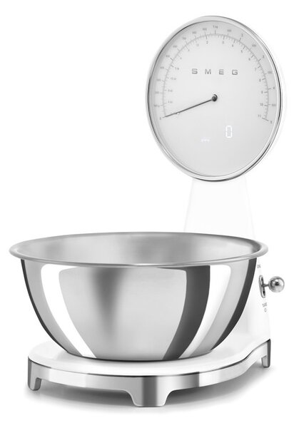 Кухненска везна Smeg KSF01WHWW, Аналогов и дигитален дисплей, До 5 кг/5 л, ТАРА, LED дисплей, Противоплъзгаща се основа, Автономия до 36 часа, Бял мат