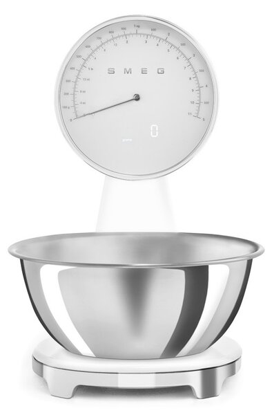Кухненска везна Smeg KSF01WHWW, Аналогов и дигитален дисплей, До 5 кг/5 л, ТАРА, LED дисплей, Противоплъзгаща се основа, Автономия до 36 часа, Бял мат