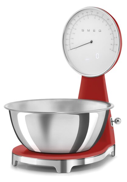 Кухненска везна Smeg KSF01RDWW, Аналогов и дигитален дисплей, До 5 кг/5 л, ТАРА, LED дисплей, Противоплъзгаща се основа, Автономия до 36 часа, Червен