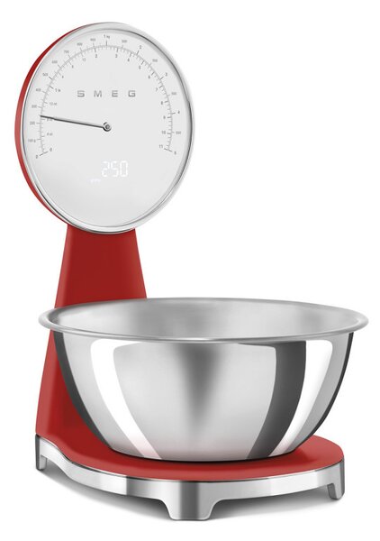 Кухненска везна Smeg KSF01RDWW, Аналогов и дигитален дисплей, До 5 кг/5 л, ТАРА, LED дисплей, Противоплъзгаща се основа, Автономия до 36 часа, Червен