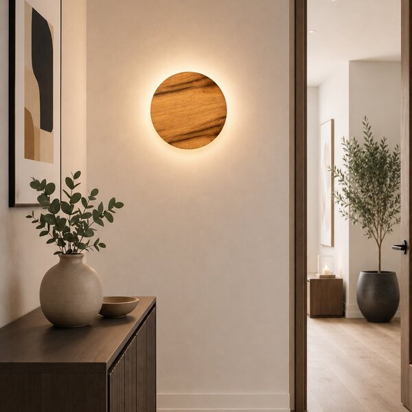 Elobra LED стенна лампа Havana M, дъб/метал, Ø 34 см, IP44, Дърво, Баня, Дървесина