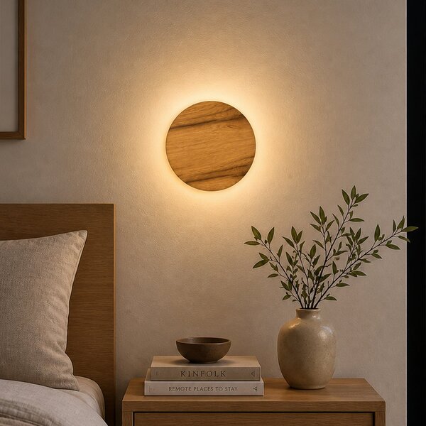 Elobra LED стенна лампа Havana S, дъб/метал, Ø 19 см, IP44, Дърво, Баня, Дървесина