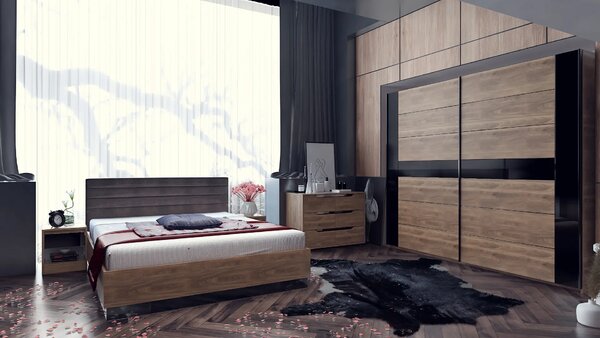 Нощно шкафче Modern M09 (дъб бренди кастело + МДФ черен гланц)