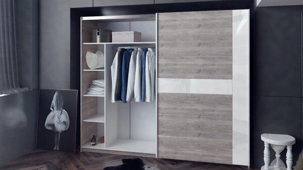 Спален комплект Modern 3 (сив дъб кастело + МДФ бял гланц)