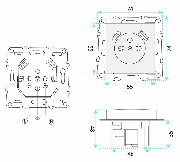 Единичен контакт със заземяване + USB-A USB-C OSTE JNH004-G Grey