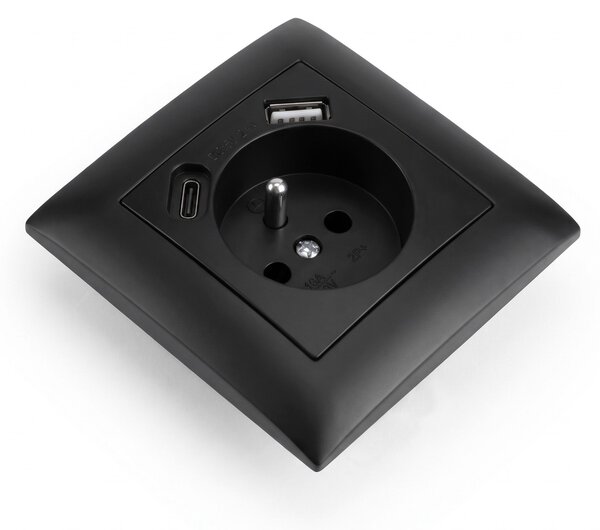 Единичен контакт със заземяване + USB-A USB-C OSTE JNH004-G Black