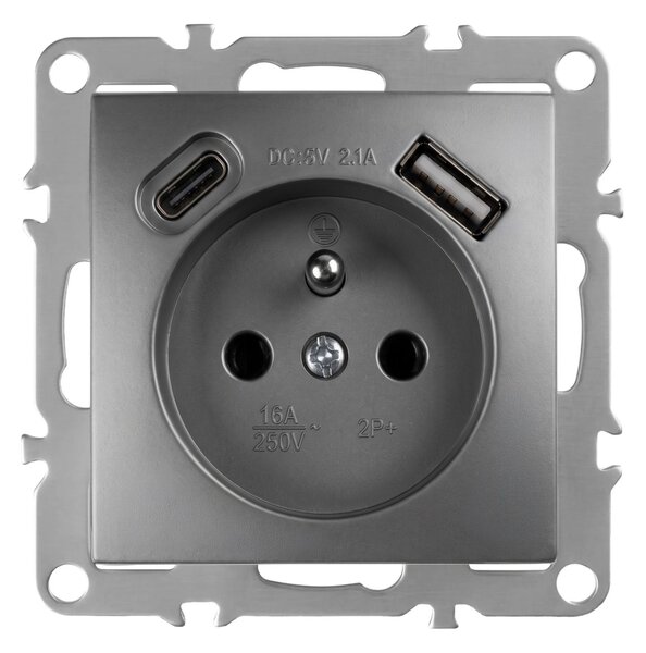 Единичен контакт със заземяване + USB-A USB-C OSTE JNH004-G Grey