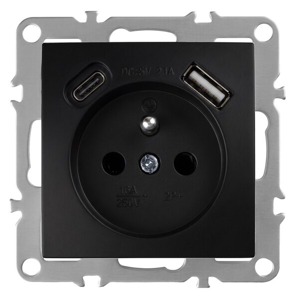 Единичен контакт със заземяване + USB-A USB-C OSTE JNH004-G Black
