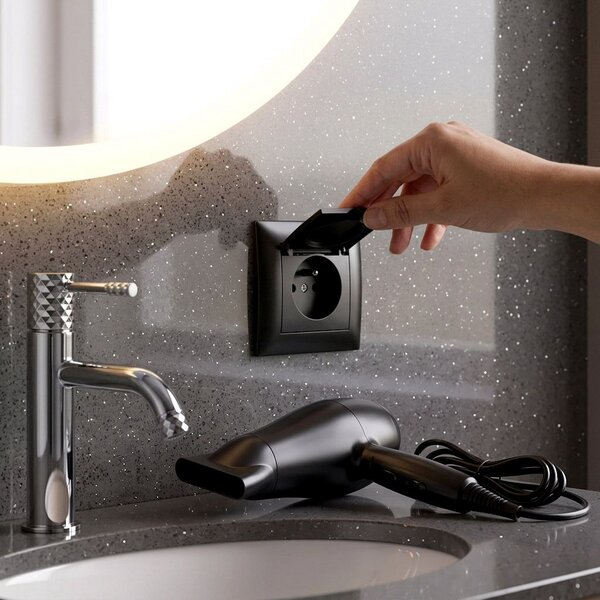 Единичен контакт със заземяване и капаче с рамка OSTE JNH005-G Black