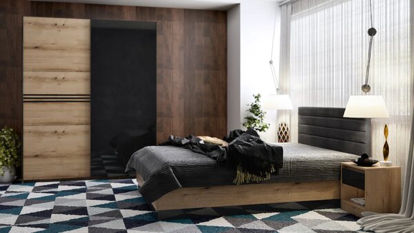 Спален комплект Modern (крайбрежен дъб + МДФ черен гланц)