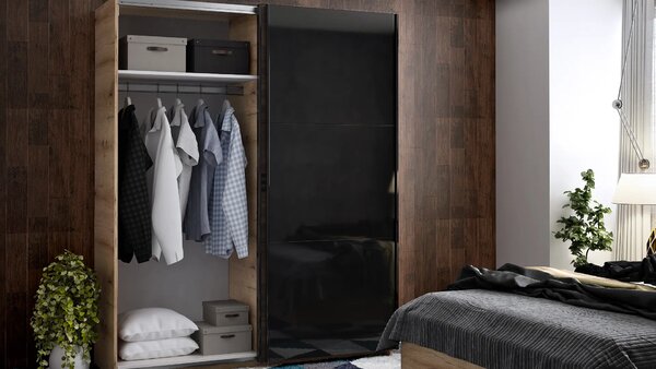 Спален комплект Modern (крайбрежен дъб + МДФ черен гланц)