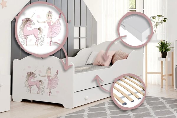 Детско легло ANNA с принт и чекмедже (140 х 70 см, unicorn and girl)
