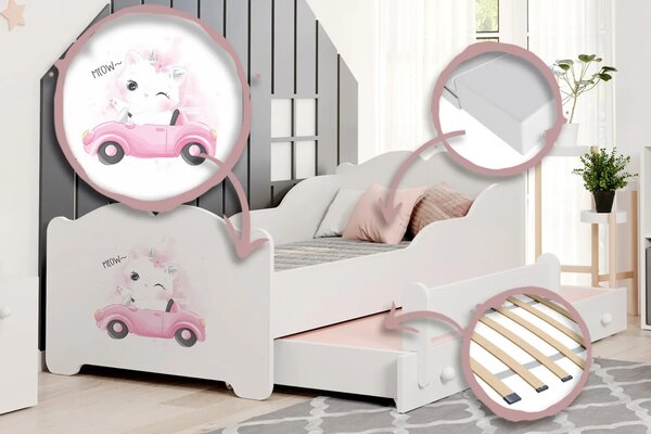 Детско разтегателно легло ANNA II 160 x 80 с принт (car with kitten)