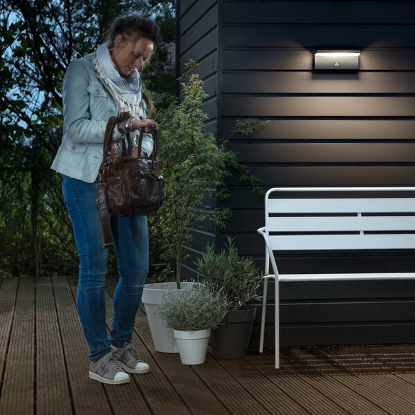 Philips LED лампа за външна стена Bustan, 2 броя, сензор, 2700K, Сив, Алуминий, Модерен, Стенна ъглова