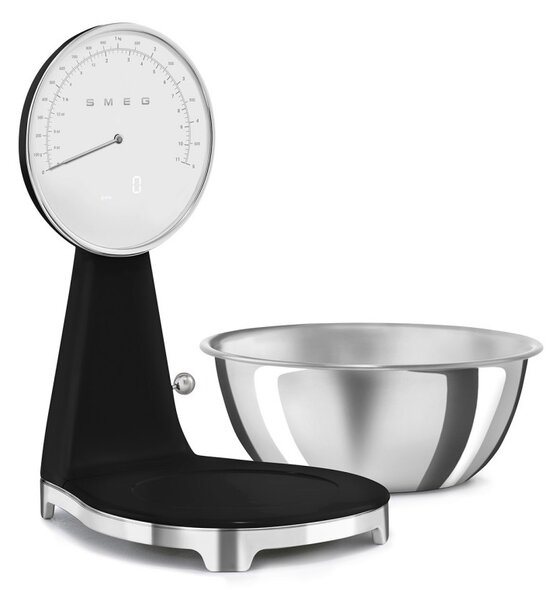 Кухненска везна Smeg KSF01BLWW, Аналогов и дигитален дисплей, До 5 кг/5 л, ТАРА, LED дисплей, Противоплъзгаща се основа, Автономия до 36 часа, Черен