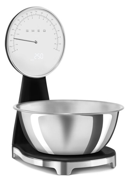 Кухненска везна Smeg KSF01BLWW, Аналогов и дигитален дисплей, До 5 кг/5 л, ТАРА, LED дисплей, Противоплъзгаща се основа, Автономия до 36 часа, Черен