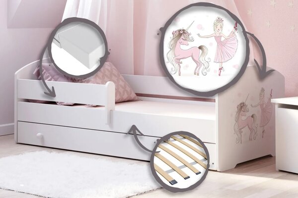Детско легло Luk с парапет и чекмедже с различни мотиви (140 х 70 см, unicorn and girl)