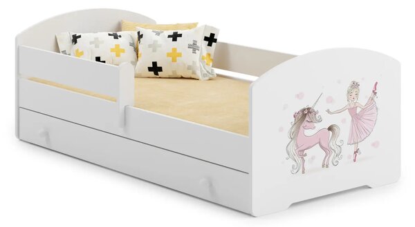 Детско легло Luk с парапет и чекмедже с различни мотиви (140 х 70 см, unicorn and girl)