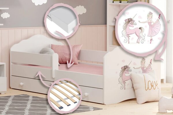 Детско легло FALA с парапет и чекмедже с различни мотиви (140 х 70 см, unicorn and girl)