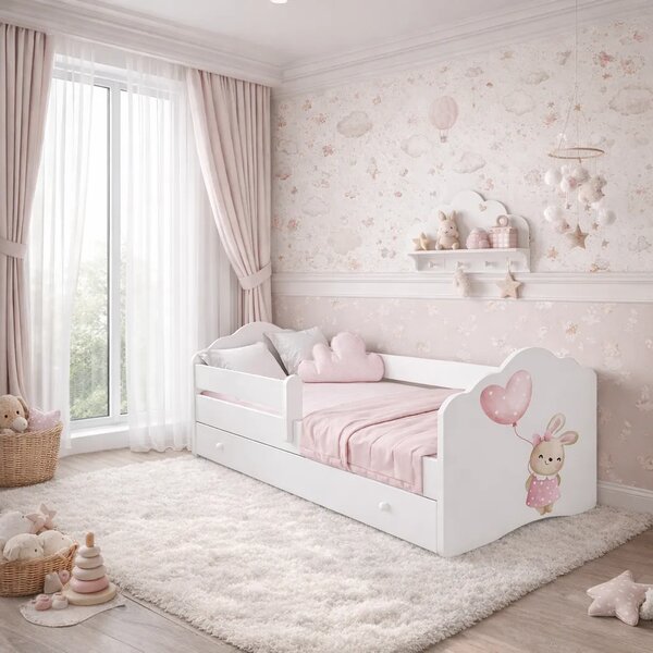 Детско легло FALA с графика bunny, с парапет и чекмедже (140 х 70 см)