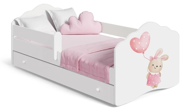 Детско легло FALA с графика bunny, с парапет и чекмедже (140 х 70 см)