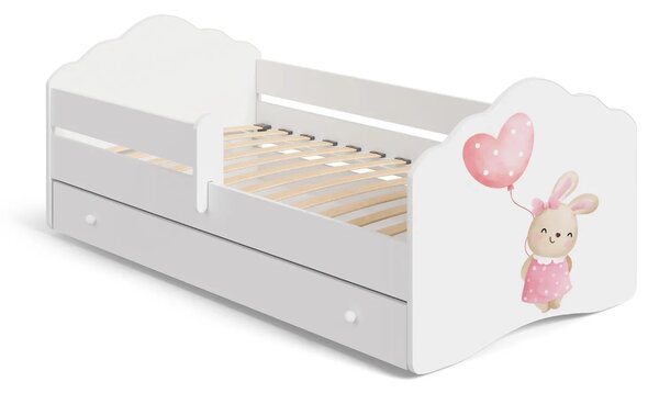 Детско легло FALA с графика bunny, с парапет и чекмедже (140 х 70 см)