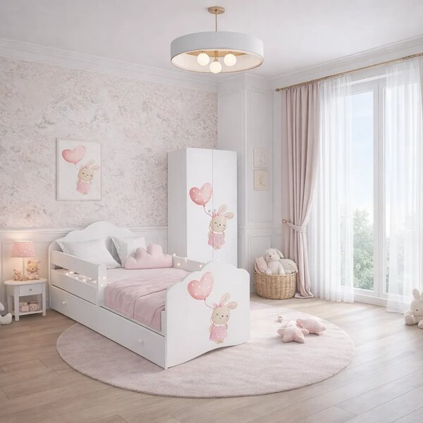 Детско легло FALA с графика bunny, с парапет и чекмедже (140 х 70 см)
