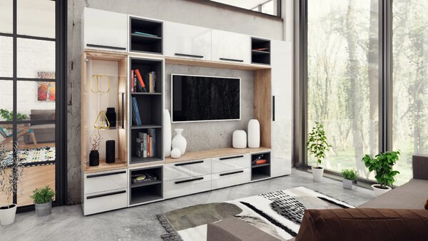 Kiara M03- TV шкаф (златен дъб харбър + бял гланц)