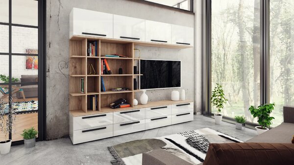 Kiara M03- TV шкаф (златен дъб харбър + бял гланц)